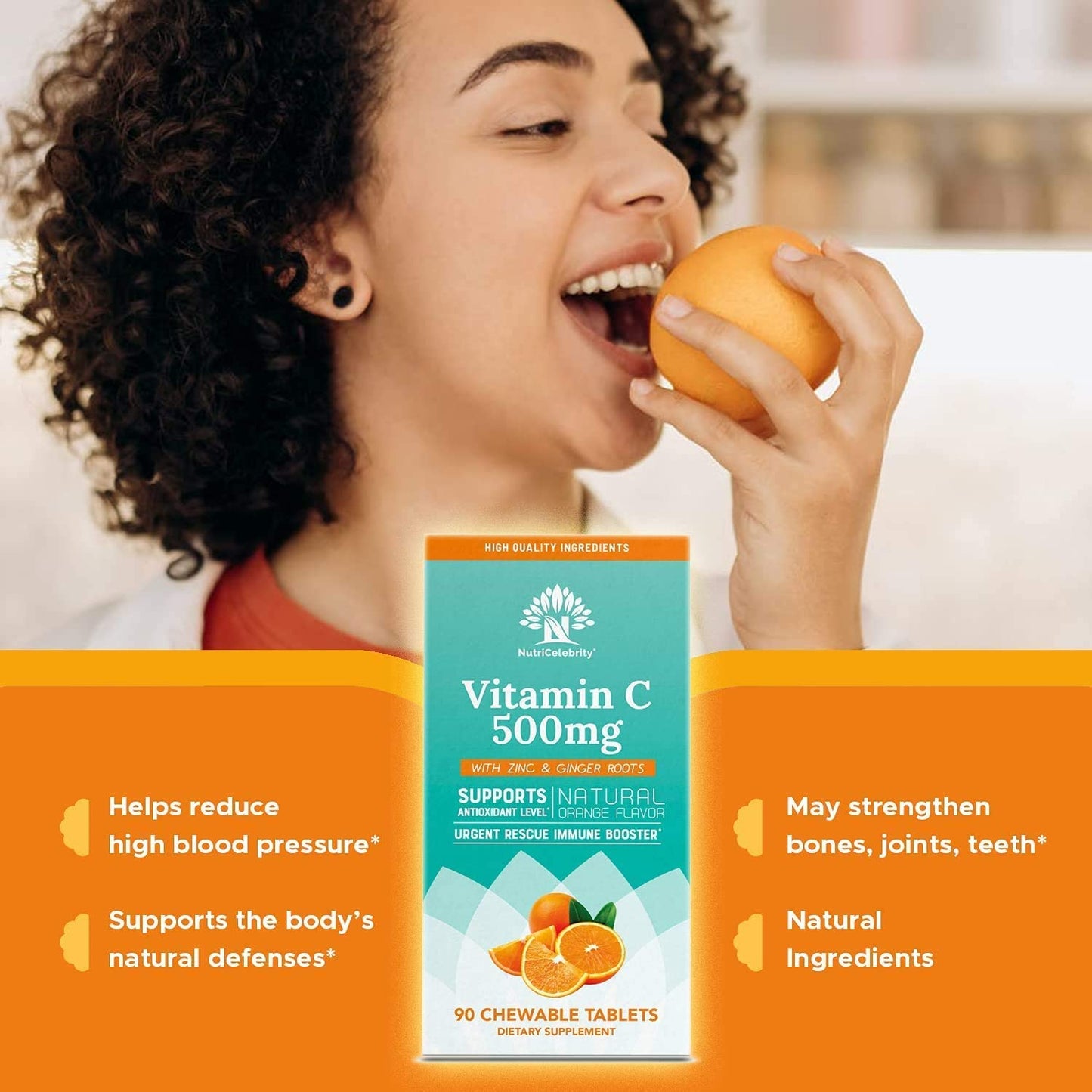 NutriCelebrity Vitamin C Chewable Tablets 500mg Supplement with Zinc & Ginger Roots, Natural Orange Flavor, Great for Adults & Kids - Vegan Friendly, Non-GMO, Gluten, Dairy & Soy Free - 90 Tablets