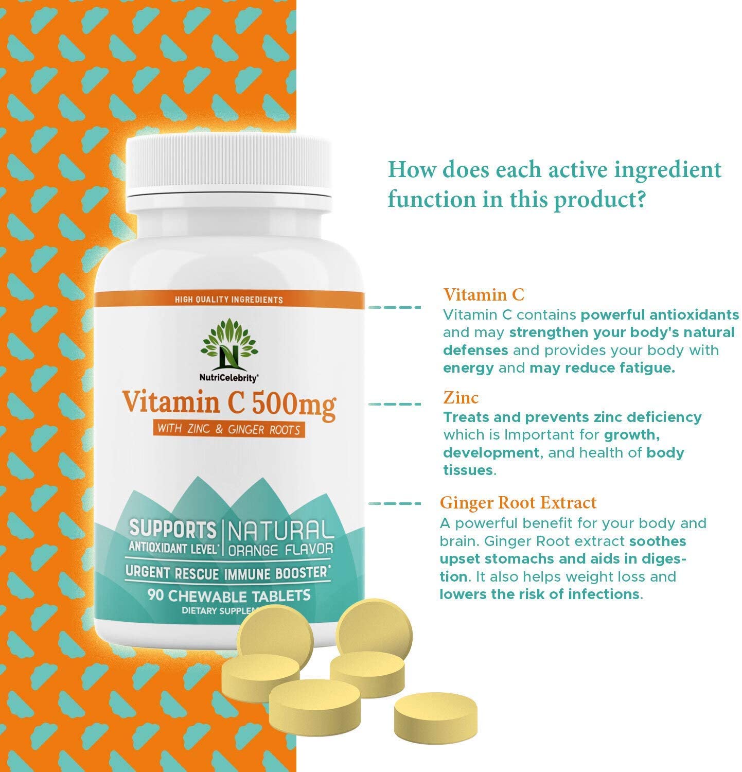 NutriCelebrity Vitamin C Chewable Tablets 500mg Supplement with Zinc & Ginger Roots, Natural Orange Flavor, Great for Adults & Kids - Vegan Friendly, Non-GMO, Gluten, Dairy & Soy Free - 90 Tablets