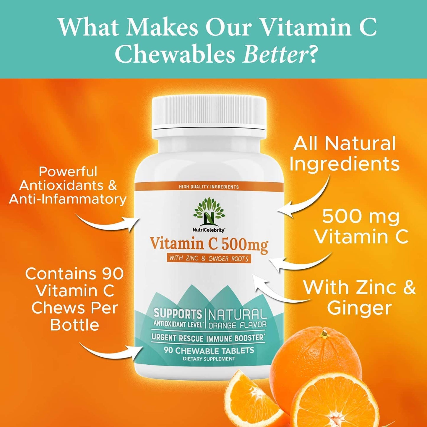 NutriCelebrity Vitamin C Chewable Tablets 500mg Supplement with Zinc & Ginger Roots, Natural Orange Flavor, Great for Adults & Kids - Vegan Friendly, Non-GMO, Gluten, Dairy & Soy Free - 90 Tablets
