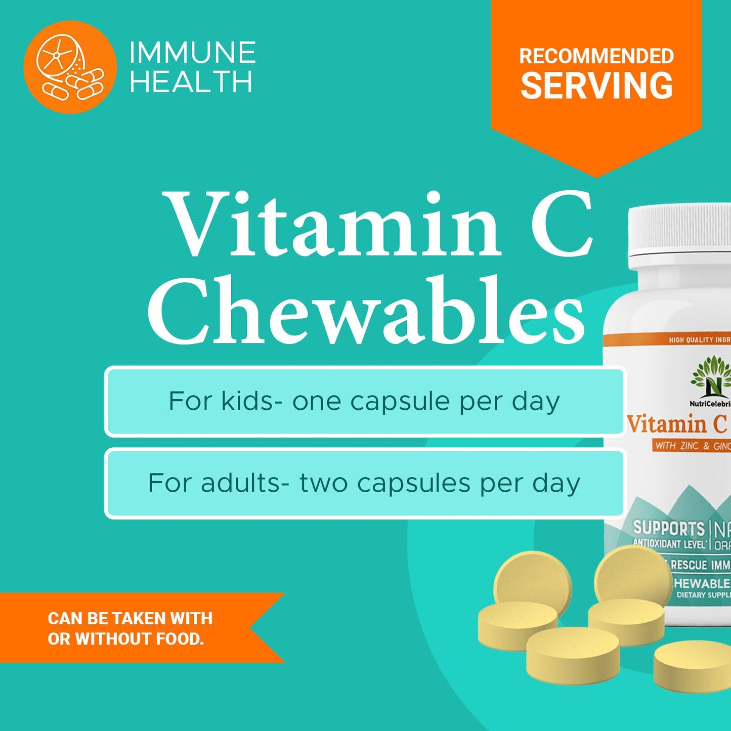NutriCelebrity Vitamin C Chewable Tablets 500mg Supplement with Zinc & Ginger Roots, Natural Orange Flavor, Great for Adults & Kids - Vegan Friendly, Non-GMO, Gluten, Dairy & Soy Free - 90 Tablets