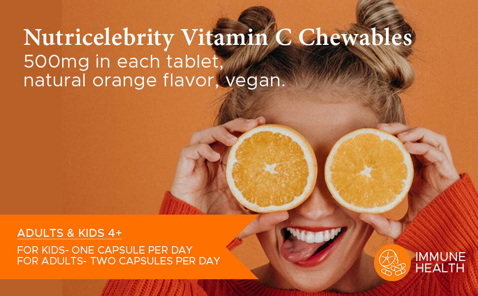 NutriCelebrity Vitamin C Chewable Tablets 500mg Supplement with Zinc & Ginger Roots, Natural Orange Flavor, Great for Adults & Kids - Vegan Friendly, Non-GMO, Gluten, Dairy & Soy Free - 90 Tablets